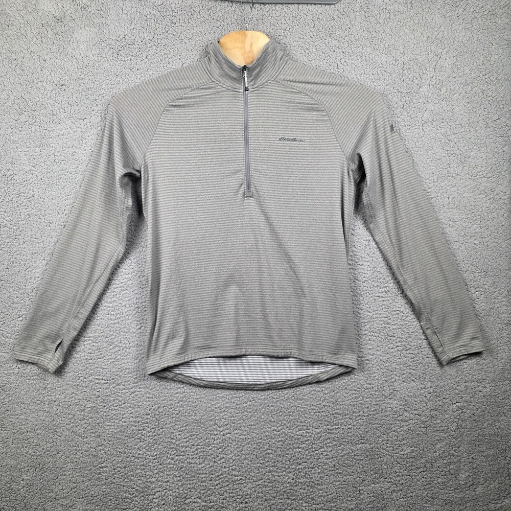 Eddie Bauer Pullover Mens Medium Gray Striped 1/4 Zip‎ First Ascent Fleece Layer